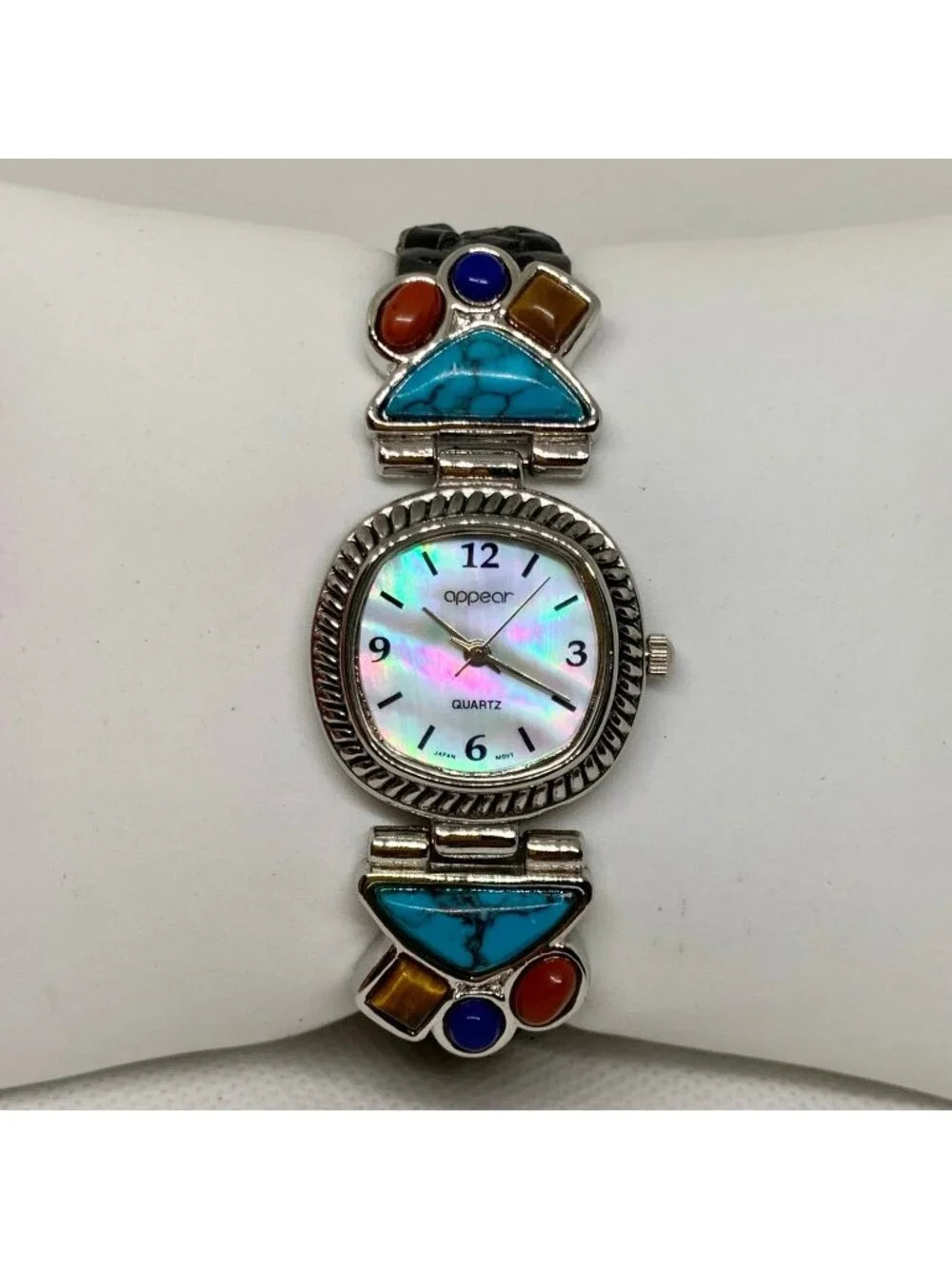 Appear women silver tone watch colorful stones 25mm mop dial quartz running